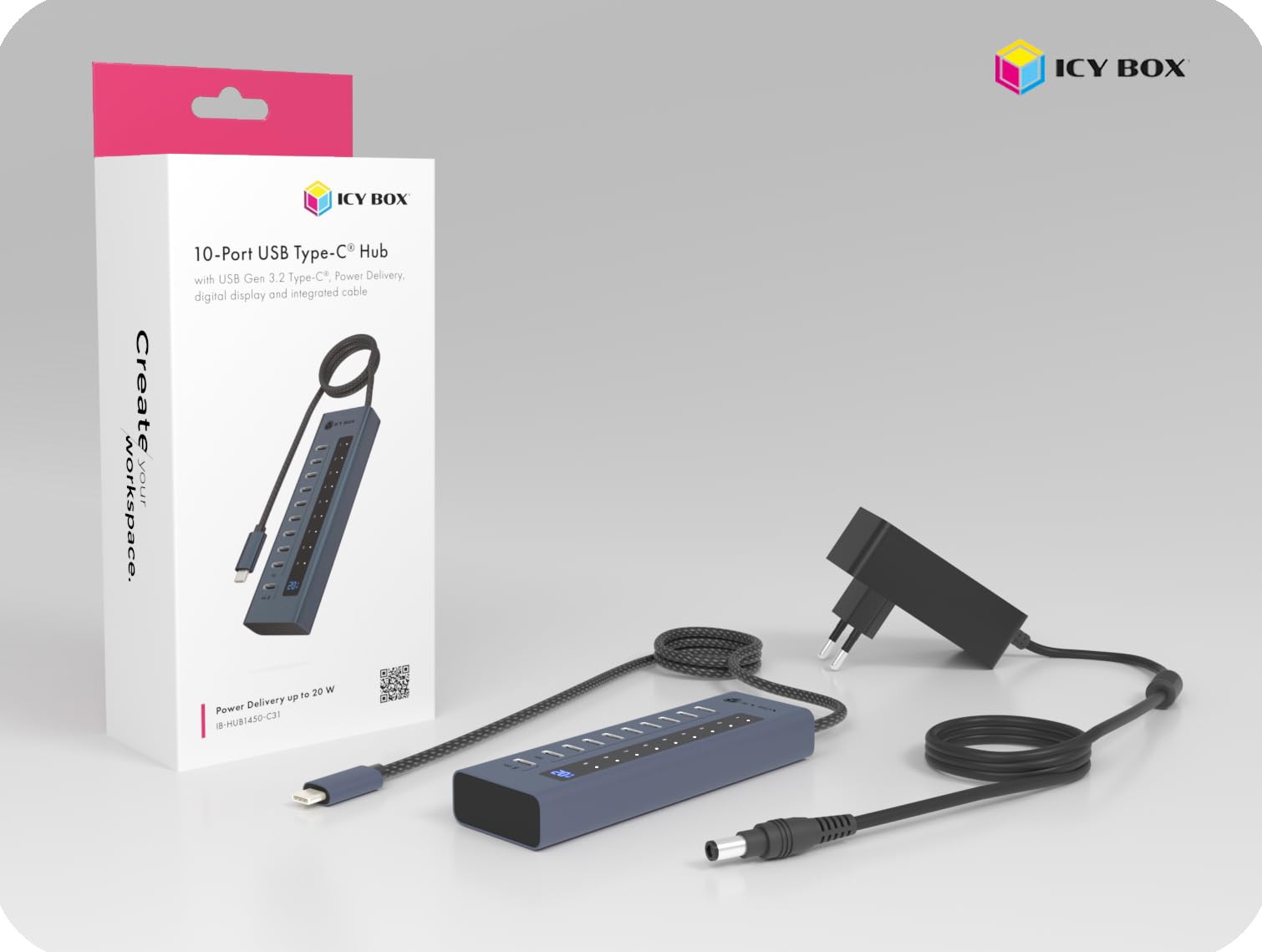 ICY Box Hub USB-C a 10 porte, 9 porte USB 3.2 Gen 2 (10 Gbps), 1 alimentatore USB-C da 20 W, alloggiamento in alluminio, cavo da 60 cm, adattatore di alimentazione, IB-HUB1450-C31