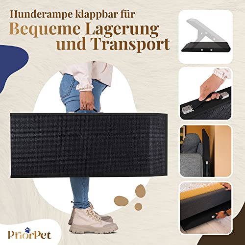 Hunderampe - Hundetreppe für kleine Hunde und große Hunde - Einstellbar 18-53 cm - Für Bett Sofa - Birkenholz - Landeplattform schließt nahtlos an - Rampe Hund Klappbar - Anti-rutsch Einsatz Schwarz