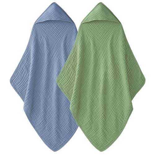 Image of Unnivoll Hooded Baby Towels 100% Muslin Cotton Baby Bath Towels with Hood 2 Pack Baby Towels for Newborn, Infant, Toddler, Kids, Large 32x32Inches, Soft and Absorbent Newborn Essential Green and Blue