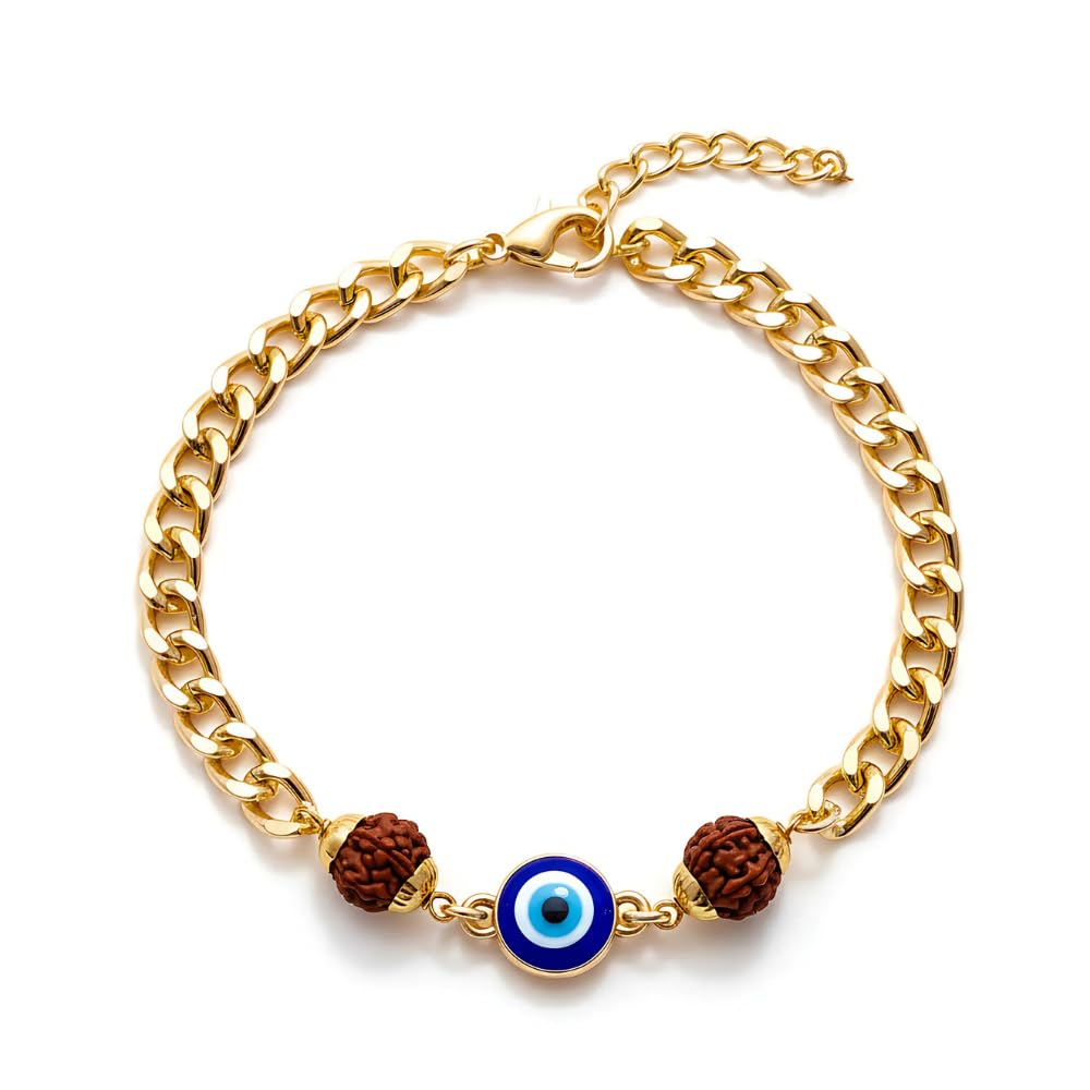Rudraksha Evil Eye Bracelet for Men & Women, Anti-Tarnish Gold Plated Jewellery, 8 inches Adjustable, Lightweight, Handcrafted Stylish Bracelet for Daily Use, Rakhi, Gifting