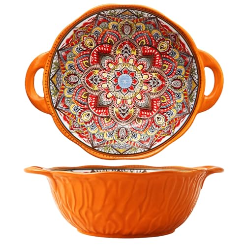 2 Pack Boho Ceramic Serving Bowls with Handles, 40 Oz Porcelain Salad Bowls, Large Serving Dishes for Entertaining, Mixing Bowls for Soup, Stew, Pasta, Cereal, Colorful Embossed Cute Bowls Set MLKS