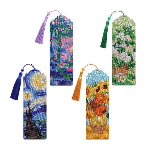 icceemee 4 pcs Oil Painting Themes Diamond Painting Bookmarks DIY Diamond Art Kits for Adults Book Corner - Protecting Bookmark Craft Supplies Kits for Book Lovers