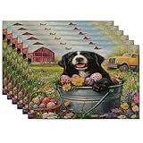 Lot de 6 sets de table imprimés de chiens de Terre-Neuve - 30,5 x 45,7 cm - Motif chien de ferme et de grange - Pour salle à manger, maison et cuisine