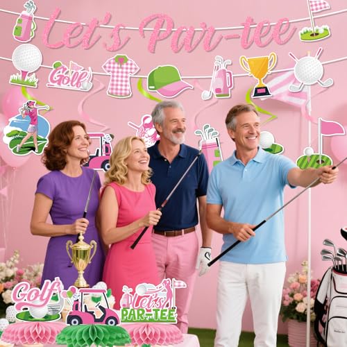 Image of Pink Golf Party Decorations - 11PCS Golf Birthday Decorations Lets Partee Banners Hanging Swirls Honeycomb Centerpieces Sport Themed Party Birthday Decor Supplies for Women Girls