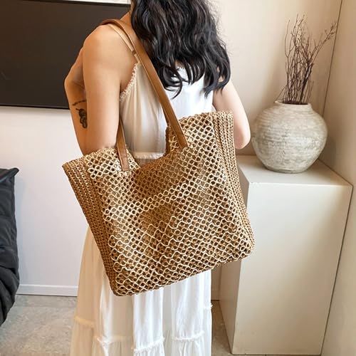 Image of Womens Straw Beach Bag - Summer Woven Handbag Shoulder Tote Bag for Vacation, Travel