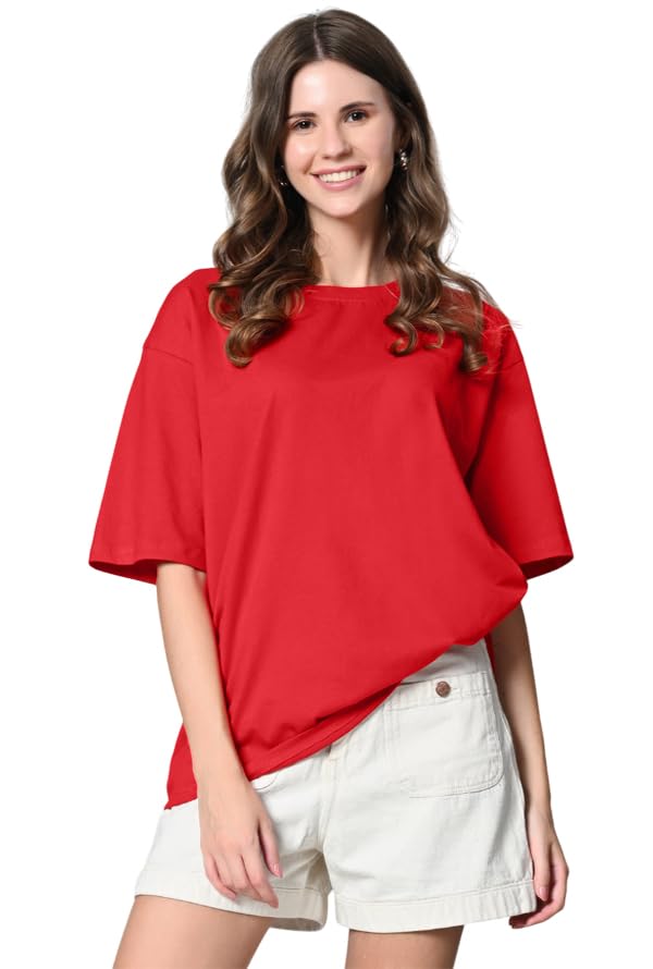 Image of Oversized Baggy Fit Drop Shoulder Half Sleeves Round Neck Solid Pure 100% Cotton T-Shirt for Women (Available in White, Black,Navy Color)