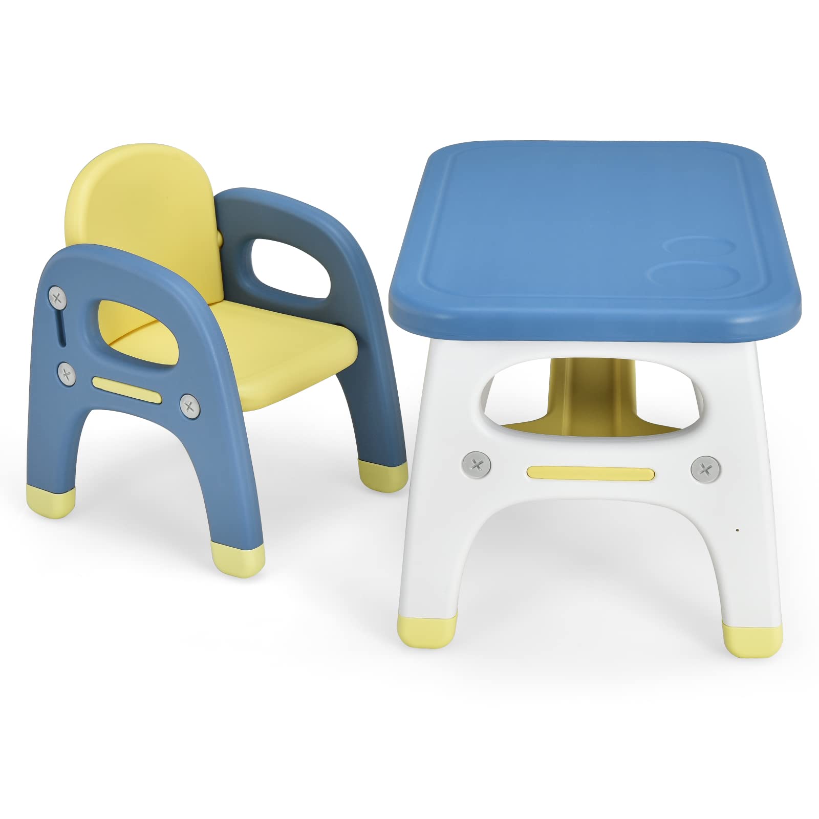 RELAX4LIFE Set Tavolo e Sedia per Bambini, Sedia a Forma di Dinosauro, Inclusi 3 Set di Costruzioni, Carico 30 kg (Blu)