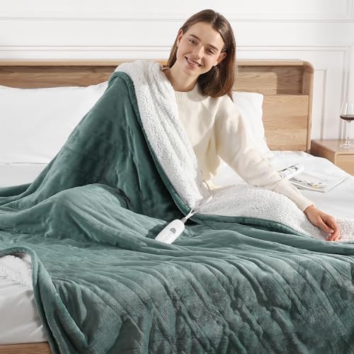 Electric Blanket Twin 62''X84'' Heated Blanket Green, Ultra Soft Silky Flannel & Fluffy Sherpa...