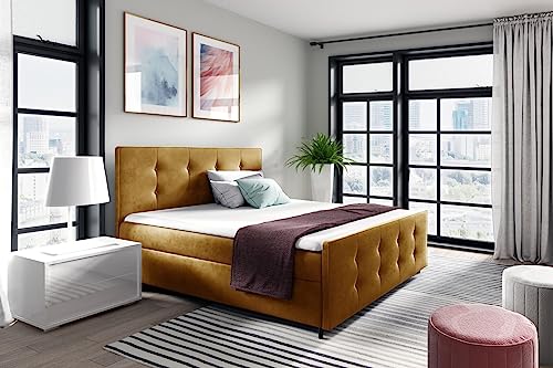 Generisch Bett ADA Boxspringbett mit Bettkasten Doppelbett mit Fußteil Polsterbett für Schlafzimmer (Gelb - Fresh 37, 200x200)