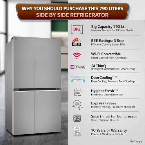 Image of LG 790 L, 3 Star, Frost-Free, Double Door, Wi-Fi Convertible, Smart Inverter, Side By Side Refrigerator with AI ThinQ (GL-B277GPZ3, Shiny Steel, 2026 Model, HygieneFresh+ & Door Cooling+)