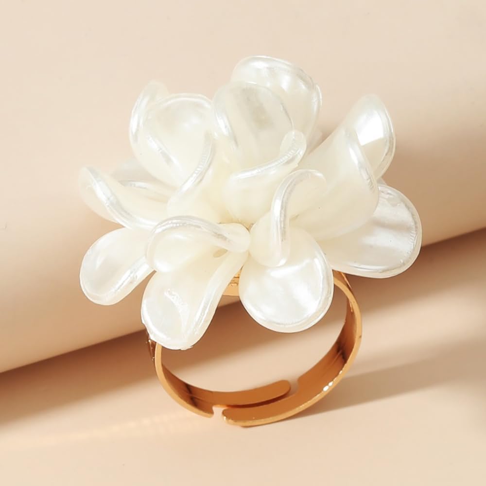 White Pearl Flower Statement Ring for Women Camellia Rose Flowers Adjustable Open Bands Wedding Promise Finger Rings Fashion Exaggerated Comfort Fit Jewelry Gifts Birthday
