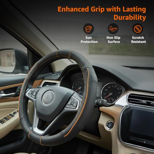 Image of Amazon Basics Leather Steering Wheel Cover (Medium - 38 cm) | Breathable, Non-Slip Polyvinyl Grip with Sporty Black Stitching & Easy Installation (Black and Orange)