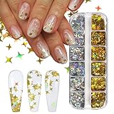 12 Grids Star Nail Art Glitter 3D Holographic Gold Silver Moon Nail Sequins Glitter Flakes Design Na
