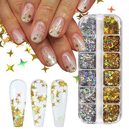 12 Grids Star Nail Art Glitter 3D Holographic Gold Silver Moon Nail Sequins Glitter Flakes Design Nail Art Supplies Star Moon Nail Art Stickers For Women Girls Diy Acrylic Nails Manicure Decorations #TOP20
