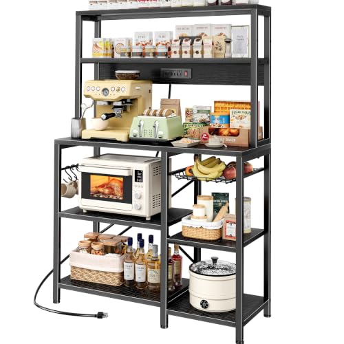Image of SUPERJARE Bakers Rack with Power Outlet, 35.4 Inches Coffee Bar with Basket