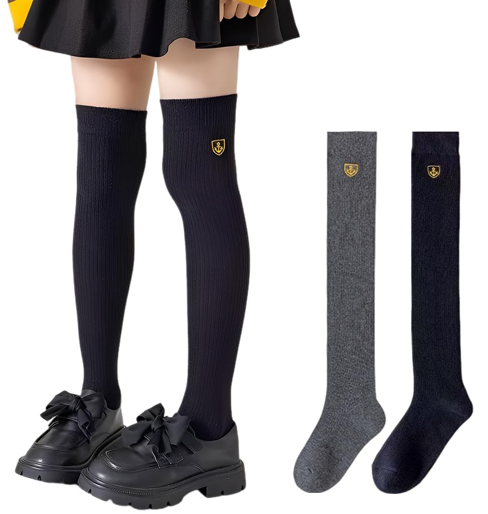 [ZGKULAEAOW] ニーハイソックス キッズ ジュニア リブ ハイソックス 膝上 ワンポイント 靴下 女の子 ニーハイ 子供 無地 マリン刺繍 2足セット 黒 白