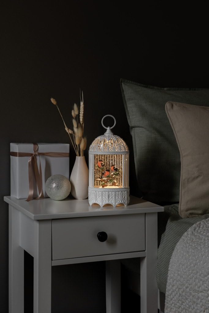Konstsmide Decorazione LED Snow Globe Gabbia per uccelli/interno, timer 5 ore/funzionamento a batteria 3xAA 1,5 V (escl.) o cavo USB (incluso)/lanterna natalizia 1 diodi bianco caldo, plastica PVC