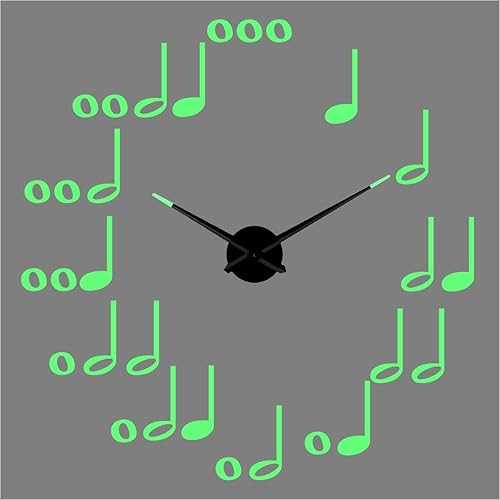 Miniatura 1 de Reloj de acrílico luminoso sin marco, silueta de notas musicales, reloj de pared con calcomanías de espejo, reloj grande moderno para decoración del