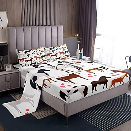 Erosebridal Horse Bed Sheets Twin Size Farm Sheet Set Kids Boys Girls Teens Cute Animal Bedding Set Cartoon Horses with Pink Lover Heart Decor Kawaii Fitted Sheet Cowboy Cowgirls Flat Sheet 3Pcs