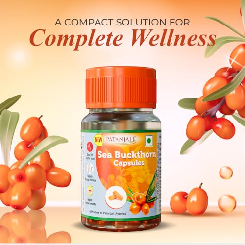 Image of Patanjali Sea Buckthorn Capsules | Natural Supplement for Heart Health, Immunity & Skin Care | Source of Omega 3 6 7 & 9 | Pack of 1