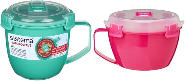 Sistema Microwave Soup Mug, Large | 900 ml Microwave Food Container with Steam-Release Vent | BPA-Free | Assorted Colours (Not Selectable) & Microwave Noodle Bowl, 15.6 x 17.2 x 9.7 cm