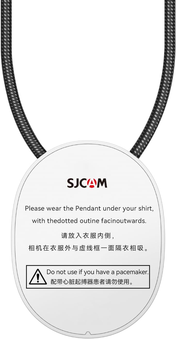 Instructions for wearing the magnetic lanyard, showing the pendant and a warning about pacemakers