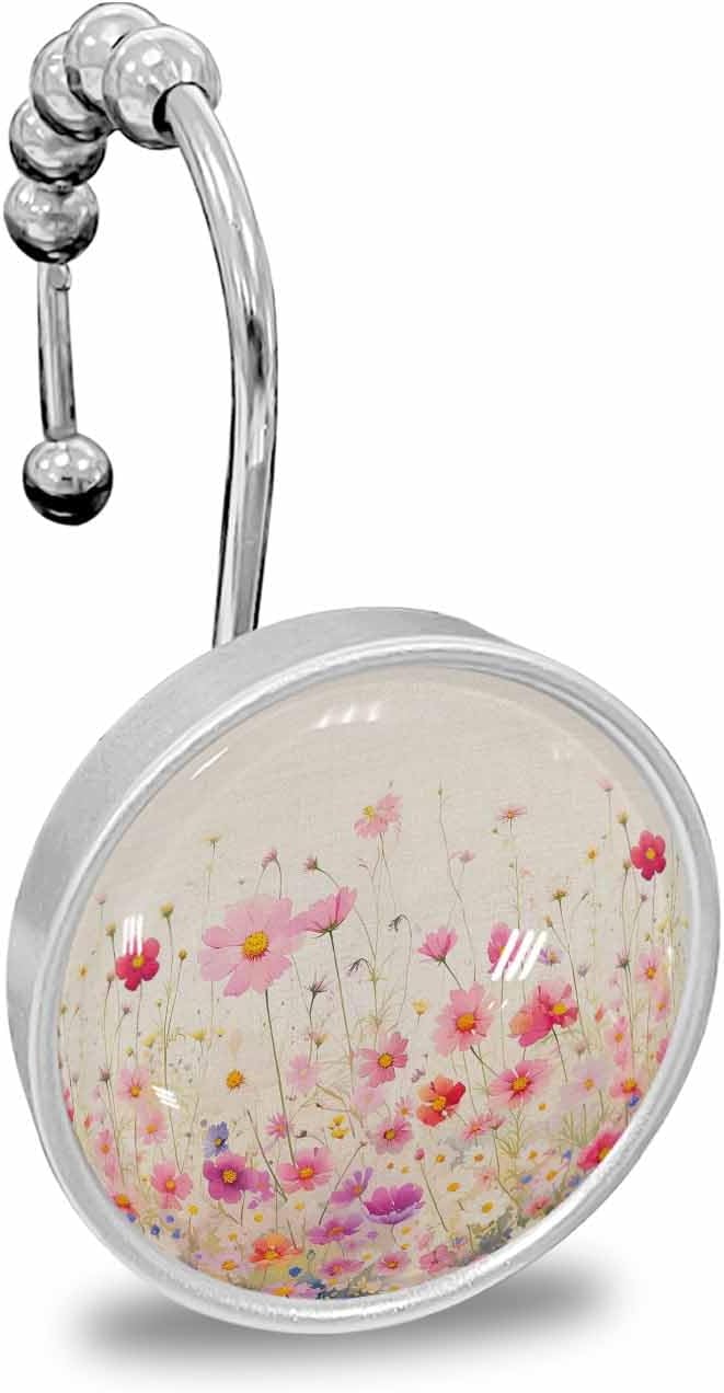 Shower Curtain Hooks 12 Pcs Watercolor Red Pink Floral Linen Texture Stainless Steel Rust Proof Rolling Shower Curtain Rings, Decorative Shower Curtain Hooks Hangers for Bathroom