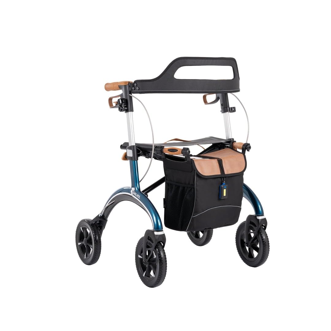 Saljol Carbon Rollator in Vollausstattung, 5,6 kg Leichtgewichtrollator mit Sitz, Rückengurt, Tasche, Stockhalter, Klingel und LED-Licht | faltbare Outdoor-Gehhilfe, Sitzhöhe 54 cm, Blau