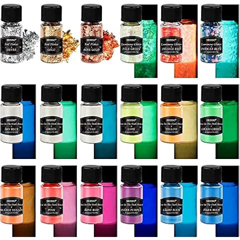 DEWEL Fluoreszierendes Pulver, Im Dunkeln leuchtendes Pulver, 12 Farben leuchtendes Pulver mit 3 leuchtenden Glitzerpailletten und 3 Goldfolienflocken für Epoxidharz-Farbstoffe, Malen von Acryl Cover