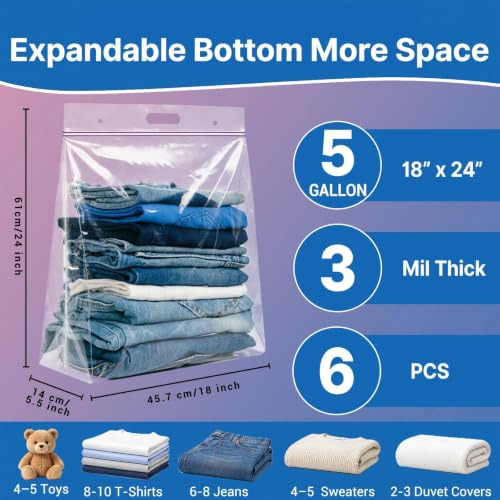 6 Pack 5 Gallon Large Zipper Storage Bags with Handle & Bottom for Clothing by Xsourcer - Used condition - Image 2