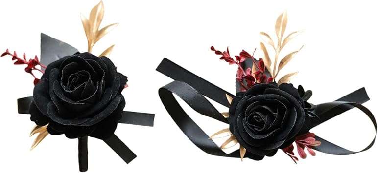 Wedding Boutonniere for Groom Wrist Corsage for Bride Black Set
