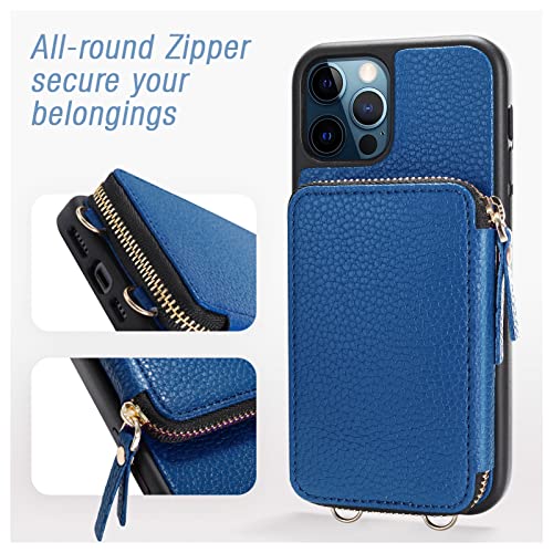 Zve Iphone 12/12 Pro Crossbody Wallet Case With Lipstick Loops, Rfid Zipper Phone Case With Card Holder Wrist Strap For Women, Leather Purse Cover Gift For Iphone 12/12 Pro(6.1 Inch), 5G-Navy Blue #TOP6