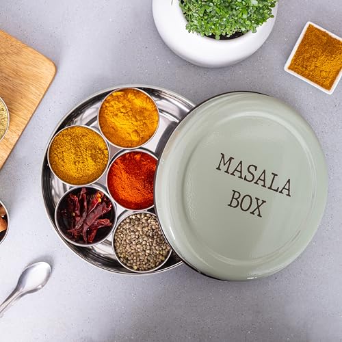 Image of Metallure Home Modern Stainless Steel Masala Box | Masala Dabba with 7 Containers and Spoon | Kitchen Spice Storage Container | Masala Dani (Spoon Included) | Handcrafted Aesthetic Design (Green)