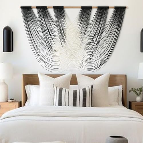 Macrame Wall Hanging Black and White Dip Dyed Large Fiber Wall Art Macrame Wall Decor Boho Bedroom Living Room Wall Decor,59' W x 33' L