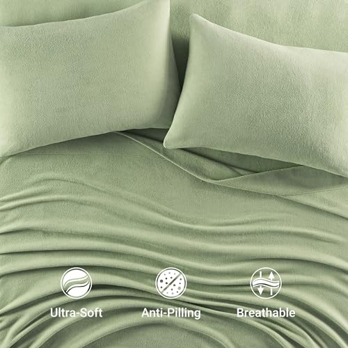 Image of True North by Sleep Philosophy Micro Fleece Bed Sheet Set, Warm, Sheets with 14 inch Deep Pocket, for Cold Season Cozy Sheet-Set, Matching Pillow Case, Twin XL, Green, 3 Piece
