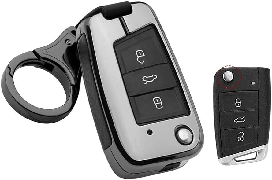 HIBEYO For VW Zinc Alloy Leather Key Cover Compatible with Volkswagen Golf 7 MK7 Atlas Jetta Passat Arteon Tiguan Key Fob case 3 Button 2021 Remote Auto key Full protective Shell Keychain-Black black