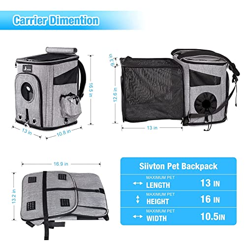 Siivton Cat Backpack Carrier, Expandable Cat Carrier Backpack Hold Up to 15 lbs, 4 Mesh Windows, Additional Bottom Support, 3D Elastic Back Cushions 16.5”H13”L10.8”W (Backpack)
