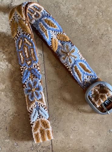 Andina Embroidered Boho Belt - Peruvian Flower Design, Handmade - Camel/Terracota Blues2