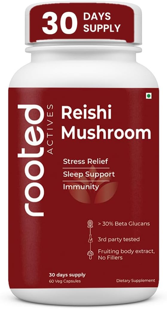Rooted Active's Reishi Mushroom Capsules - Heart & Immune Health Support Supplement with Organic Ganoderma Lucidum | Support Energy, Mood, Sleep & Overall Well-Being - 60 Vegetarian Capsules
