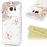 Galaxy S7 Edge Case - Mavis's Diary 3D Handmade Bling Crystal Lovely Pink Gems Butterflies Cute White Butterfly Shiny Glitter Diamonds Rhinestones Full Edge Hard PC Cover for Samsung Galaxy S7 Edge