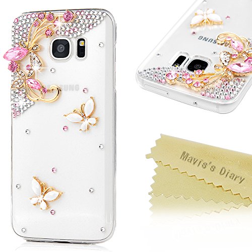 Mavis's Diary Galaxy S7 Edge Case 3D Handmade Bling Crystal Lovely Pink Gems Butterflies Cute White Butterfly Shiny Glitter Diamonds Rhinestones Full Edge Hard PC Cover for Samsung Galaxy S7 Edge