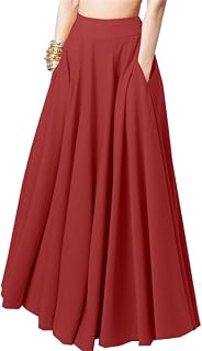 Women's Pleated Long Skirts High Waisted A-Line Swing Skirt Ankle Length Flowy Maxi Skirts with Pockets