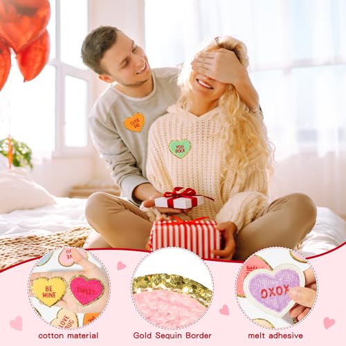 10Pcs Valentine\'s Day Iron on Patches, Conversation Hearts Chenille Iron on Knee Patches Colorful Candy Heart Embroidered Patches Applique DIY Accessory for Backpack Clothes Dress Pants Hats Jeans