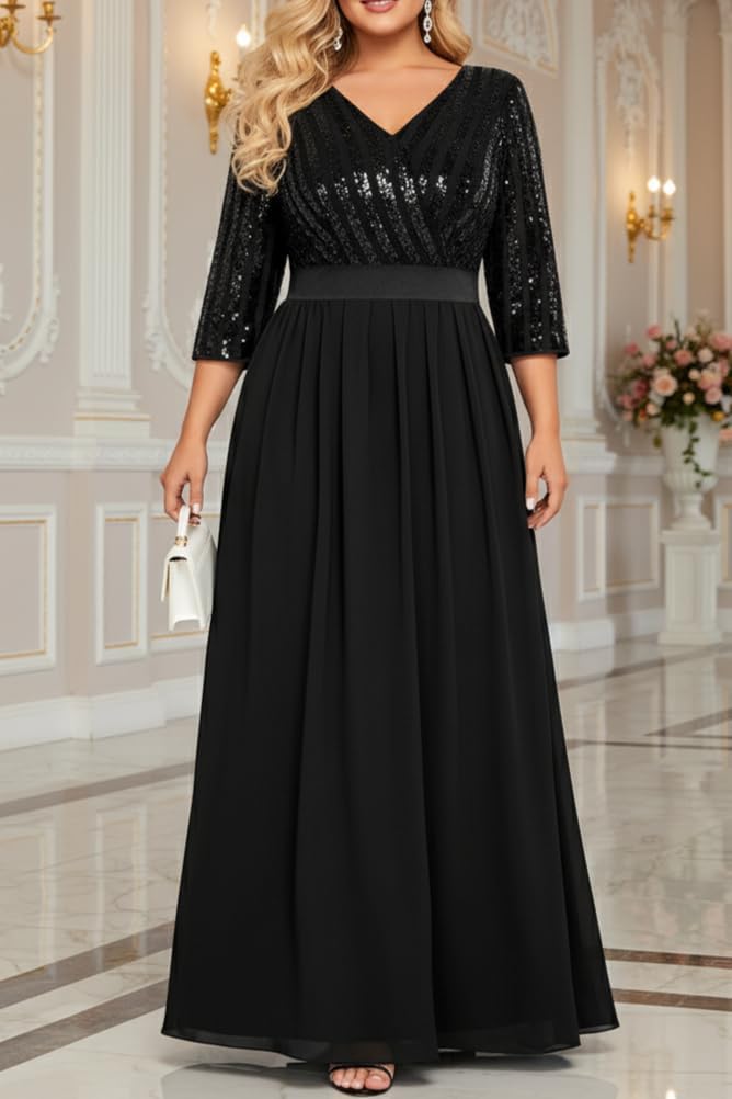 Womens Plus Size Formal Dresses - V Neck 3/4 Sleeve Sequin Prom Evening Gowns Long Maxi Dress