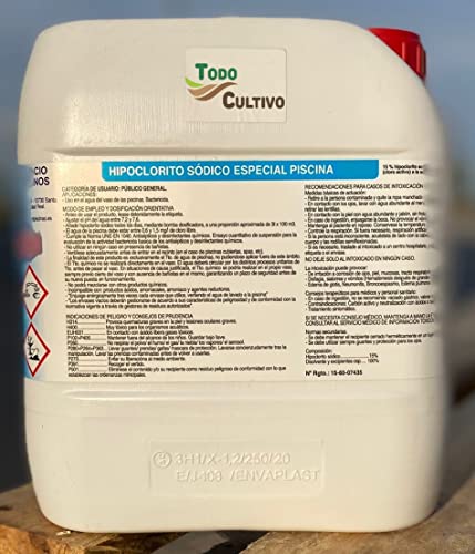 Hipoclorito sódico 15% Especial Piscinas 5L. Cloro liquido sin Gases