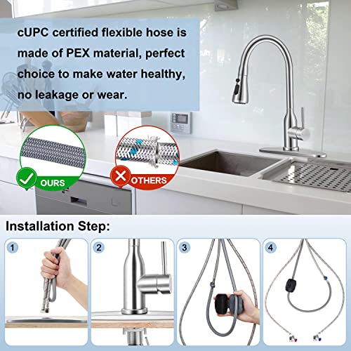 Homikit Kitchen Sink Faucet Brushed Nickel With Pull Down Sprayer, 304 Stainless Steel Kitchen Faucets With Deck Plate For 1 Or 3 Hole, High Arc Commercial Faucet For Farmhouse Laundry Utility Rv Bar #TOP5