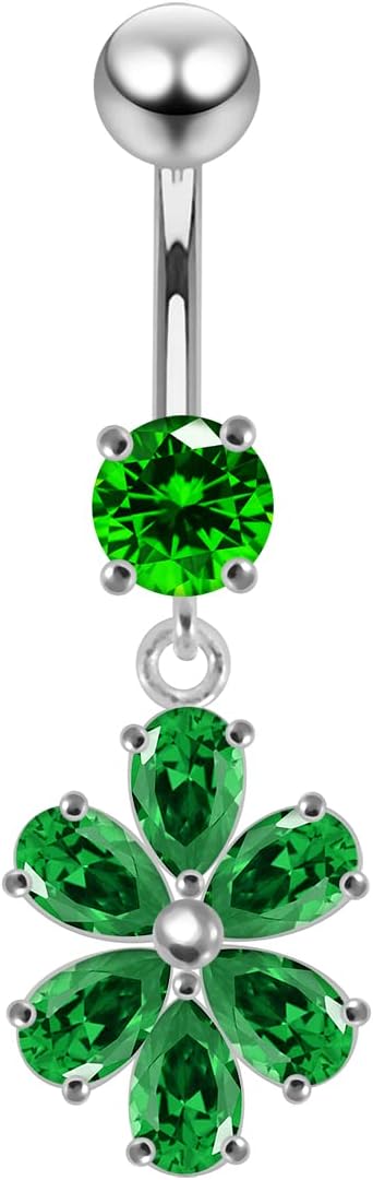 Stylish Sparking Flower Dangling Design 925 Sterling Silver with Stainless Steel Belly Ring - Belly Button jewelry - Navel jewelry