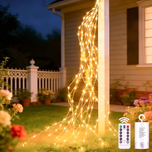 Cozymeow Luci Albero di Natale 2M 200 LED Luci di Natale da Esterno Cascata a Batteria con Telecomando, 8 Modalità Cascata Interno Impermeabile Catena Luminosa Natalizie per Balcone