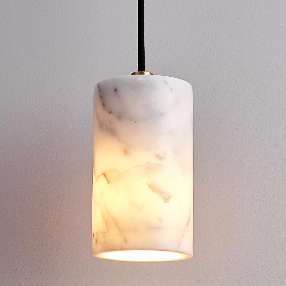 HUAYUSEDF White Marble Pendant Light Alabaster Glass Shade Hanging Lamp Black Natural Stone Brass Lighting Fixture Nordic Modern Chandelier for Bedroom Dining Room