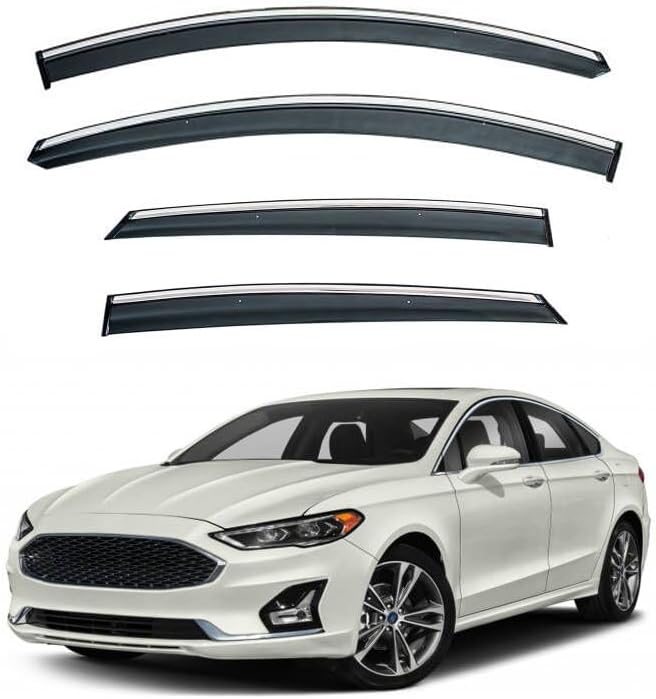 4pcs Sun Rain Guard Compatible with 2013-2020 Fusion Smoke Tint with Chrome Trim Window Visors Outside Mount Tape On/Clip On Style PVC